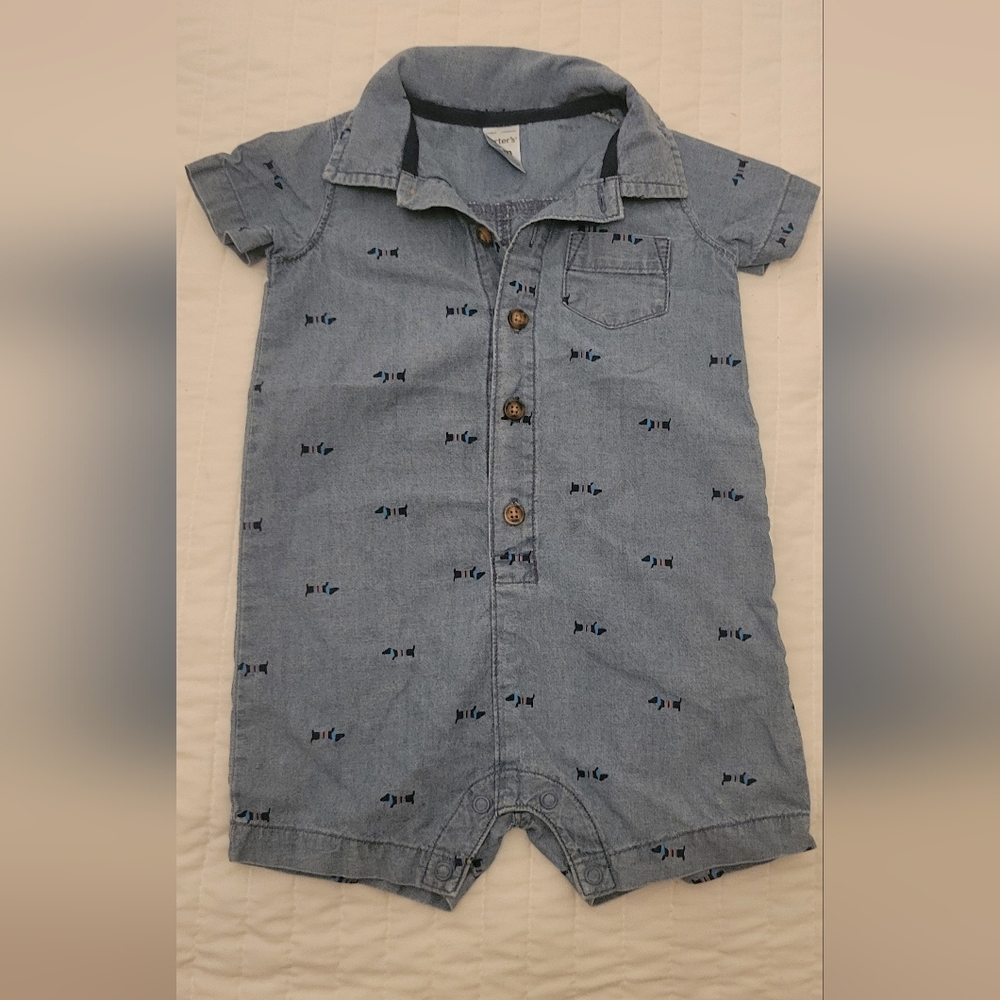 Denim Blue Romper with Puppy Print